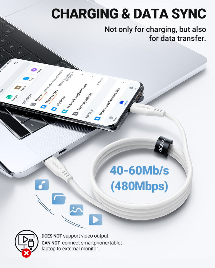 Acefast C3-03 PD Type-C to Type-C 60W 3A Hızlı Şarj ve Data Kablosu Beyaz - 3