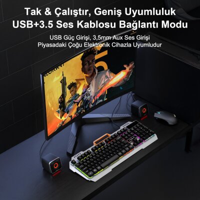 Aula A200 RGB Işıklı Masaüstü Gaming 3.5mm Jack Bilgisayar Pc Hoparlörü - 5