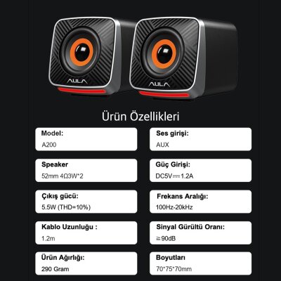 Aula A200 RGB Işıklı Masaüstü Gaming 3.5mm Jack Bilgisayar Pc Hoparlörü - 6
