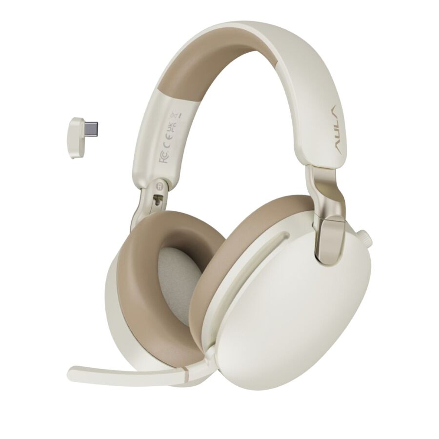 AULA A500 Üç Modlu Hybrid ANC Bluetooth 5.4 ve 2.4GHz Kablosuz AUX Mikrofonlu Kulak Üstü Kulaklık Bej - 1