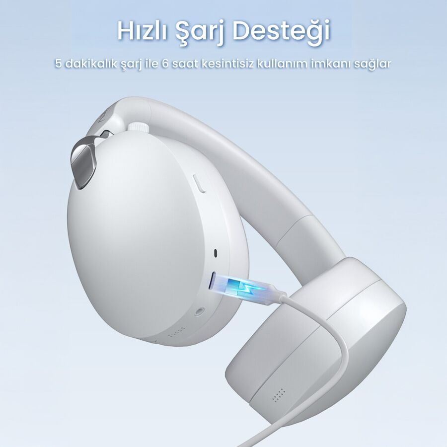 AULA A500 Üç Modlu Hybrid ANC Bluetooth 5.4 ve 2.4GHz Kablosuz AUX Mikrofonlu Kulak Üstü Kulaklık Beyaz - 5