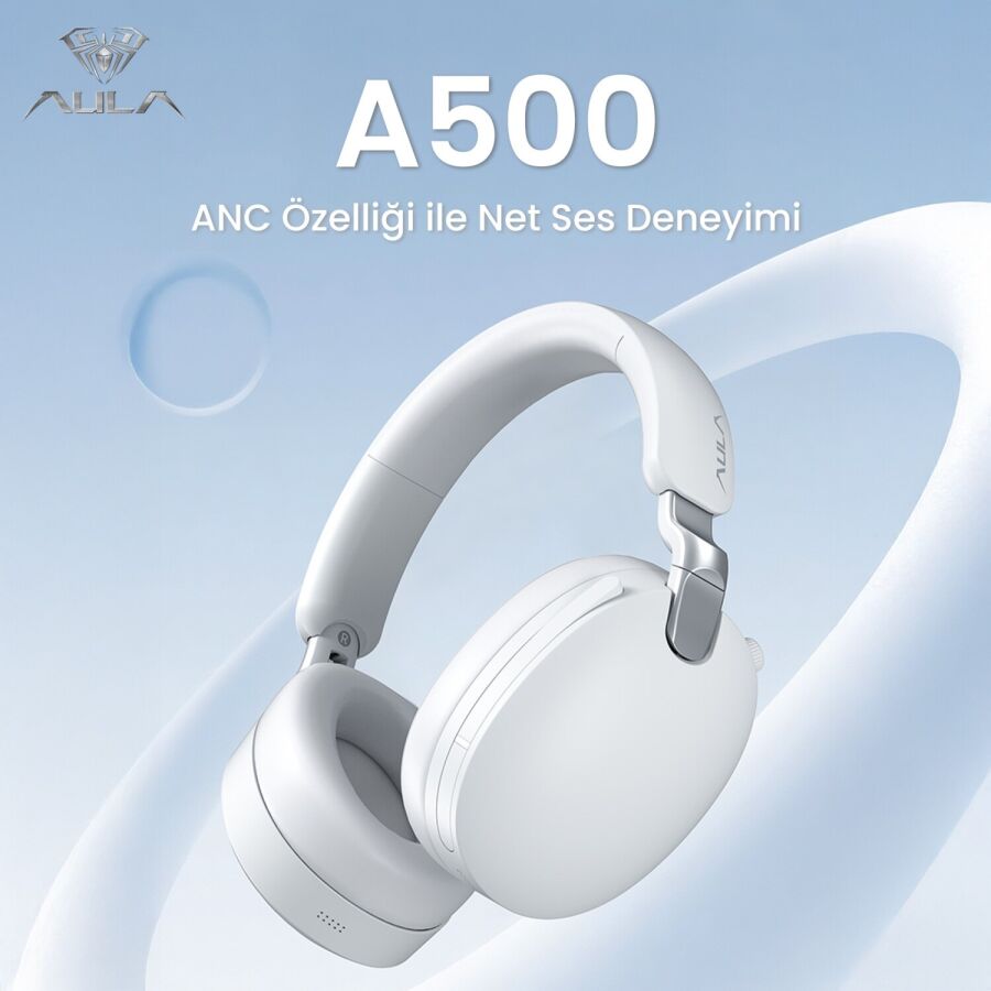AULA A500 Üç Modlu Hybrid ANC Bluetooth 5.4 ve 2.4GHz Kablosuz AUX Mikrofonlu Kulak Üstü Kulaklık Beyaz - 2
