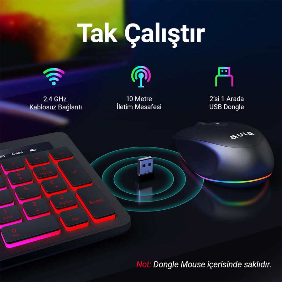 Aula AC208 Rainbow 2.4GHz Kablosuz Şarjlı Türkçe Q Klavye / Mouse ve Mousepad Seti - 6
