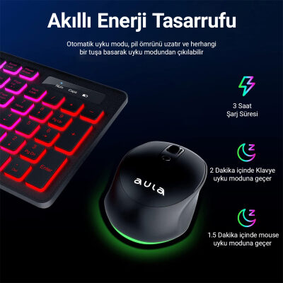 Aula AC208 Rainbow 2.4GHz Kablosuz Şarjlı Türkçe Q Klavye / Mouse ve Mousepad Seti - 7
