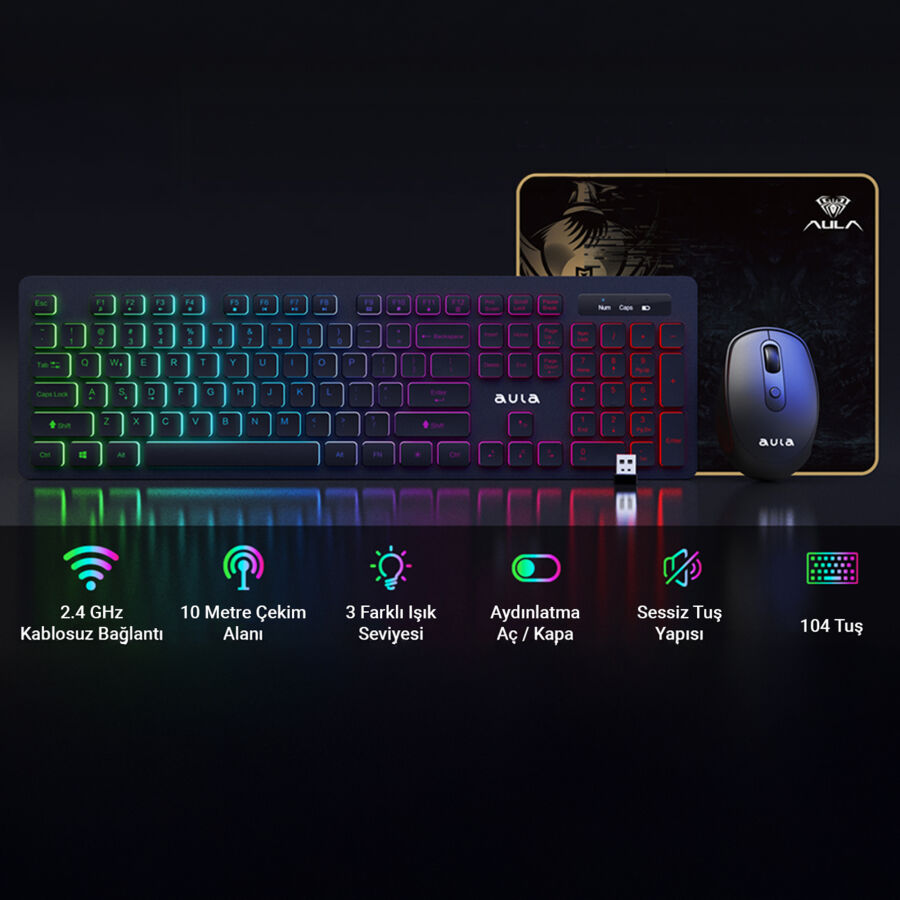 Aula AC208 Rainbow 2.4GHz Kablosuz Şarjlı Türkçe Q Klavye / Mouse ve Mousepad Seti - 5
