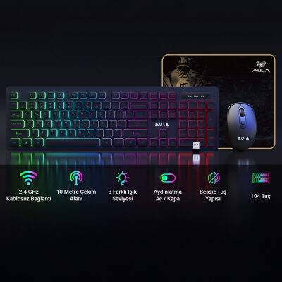 Aula AC208 Rainbow 2.4GHz Kablosuz Şarjlı Türkçe Q Klavye / Mouse ve Mousepad Seti - 5