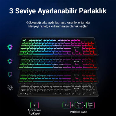 Aula AC208 Rainbow 2.4GHz Kablosuz Şarjlı Türkçe Q Klavye / Mouse ve Mousepad Seti - 8