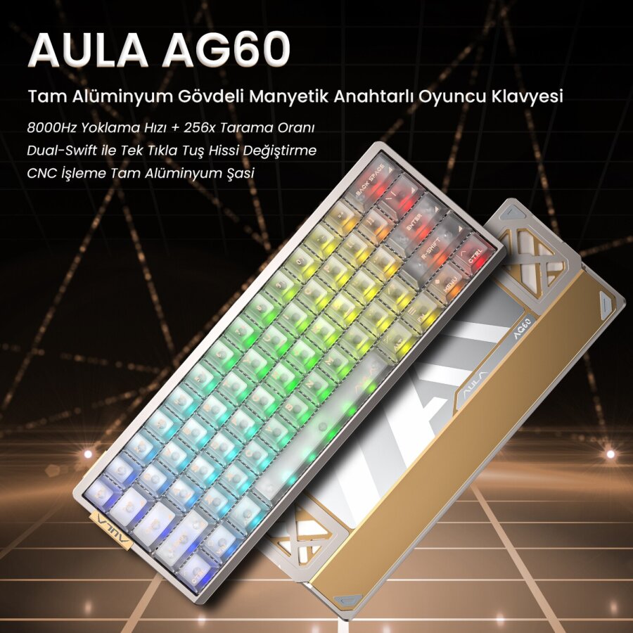Aula AG60 Alüminyum Manyetik Klavye Hall Effect Snowglow Switch 8000Hz RGB TKL Hot Swap Oyuncu Klavyesi Şeffaf - 2