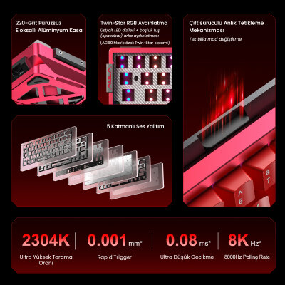 Aula AG60 Max Alüminyum Manyetik Hall Effect Frostcore Switch 8000Hz RGB TKL Hot Swap Gaming Oyuncu Klavyesi Kırmızı - 3