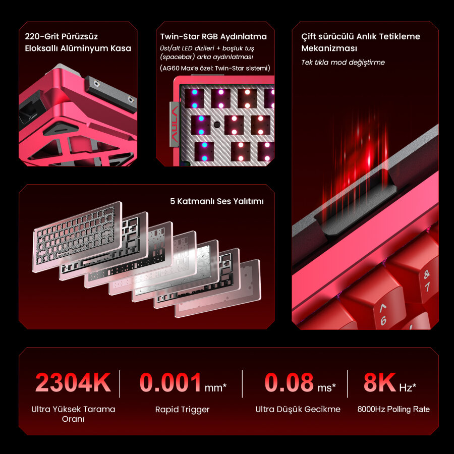 Aula AG60 Max Alüminyum Manyetik Hall Effect Frostcore Switch 8000Hz RGB TKL Hot Swap Gaming Oyuncu Klavyesi Kırmızı - 3