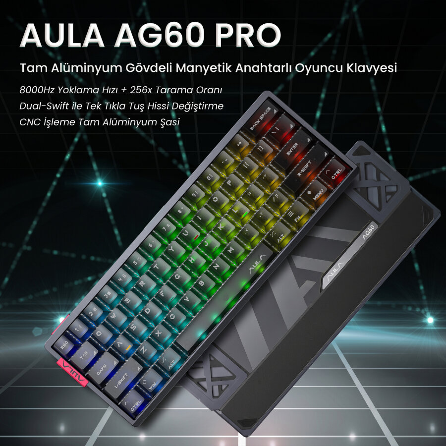 Aula AG60 Pro Alüminyum Manyetik Hall Effect Aether Switch 8000Hz RGB TKL Hot Swap Gaming Oyuncu Klavyesi Şeffaf Siyah - 2