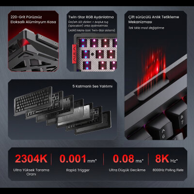 Aula AG60 Pro Alüminyum Manyetik Hall Effect Aether Switch 8000Hz RGB TKL Hot Swap Gaming Oyuncu Klavyesi Şeffaf Siyah - 3