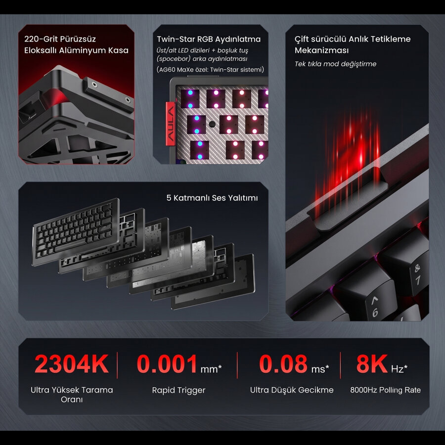 Aula AG60 Pro Alüminyum Manyetik Hall Effect Aether Switch 8000Hz RGB TKL Hot Swap Gaming Oyuncu Klavyesi Şeffaf Siyah - 3