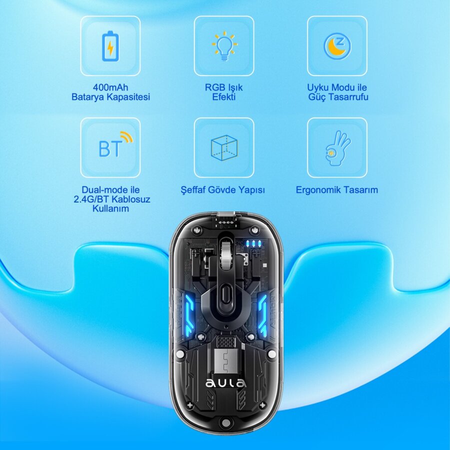 Aula AM210 Dual Mode Bluetooth ve Kablosuz 1600DPI RGB Şeffaf Şarjlı Mouse - 4