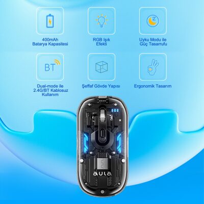 Aula AM210 Dual Mode Bluetooth ve Kablosuz 1600DPI RGB Şeffaf Şarjlı Mouse - 4