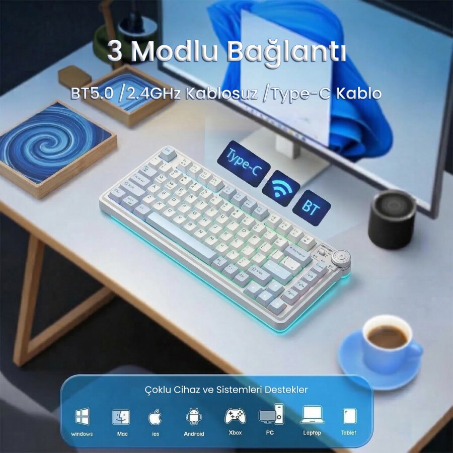 Aula AU75 3 Modlu Mekanik Gaming Kablosuz Klavye RGB TKL Hot Swap Star Vector Switch Makrolu Oyuncu Klavyesi Buz Mavisi - 3
