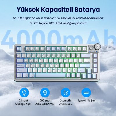 Aula AU75 3 Modlu Mekanik Gaming Kablosuz Klavye RGB TKL Hot Swap Star Vector Switch Makrolu Oyuncu Klavyesi Buz Mavisi - 4