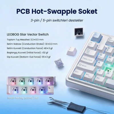 Aula AU75 3 Modlu Mekanik Gaming Kablosuz Klavye RGB TKL Hot Swap Star Vector Switch Makrolu Oyuncu Klavyesi Buz Mavisi - 5