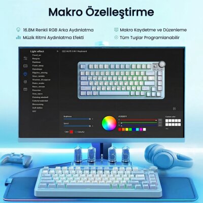 Aula AU75 3 Modlu Mekanik Gaming Kablosuz Klavye RGB TKL Hot Swap Star Vector Switch Makrolu Oyuncu Klavyesi Buz Mavisi - 7