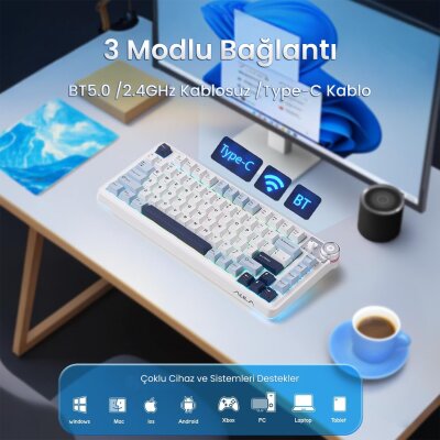 Aula AU75 3 Modlu Mekanik Gaming Kablosuz Klavye RGB TKL Hot Swap Star Vector Switch Makrolu Oyuncu Klavyesi Lacivert - 3