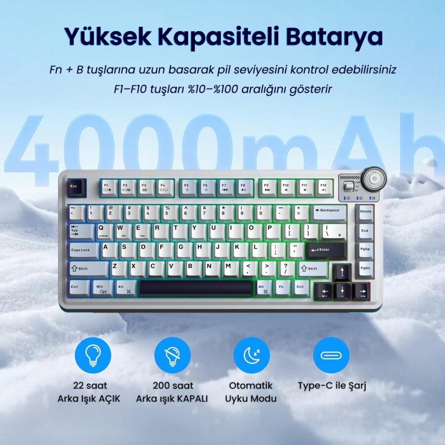 Aula AU75 3 Modlu Mekanik Gaming Kablosuz Klavye RGB TKL Hot Swap Star Vector Switch Makrolu Oyuncu Klavyesi Lacivert - 4