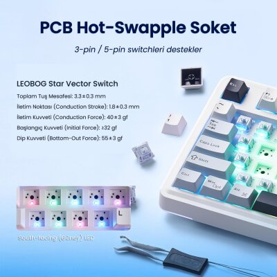 Aula AU75 3 Modlu Mekanik Gaming Kablosuz Klavye RGB TKL Hot Swap Star Vector Switch Makrolu Oyuncu Klavyesi Lacivert - 5