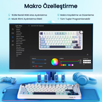 Aula AU75 3 Modlu Mekanik Gaming Kablosuz Klavye RGB TKL Hot Swap Star Vector Switch Makrolu Oyuncu Klavyesi Lacivert - 7
