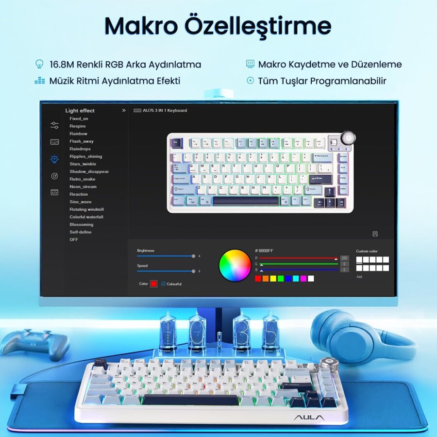 Aula AU75 3 Modlu Mekanik Gaming Kablosuz Klavye RGB TKL Hot Swap Star Vector Switch Makrolu Oyuncu Klavyesi Lacivert - 7