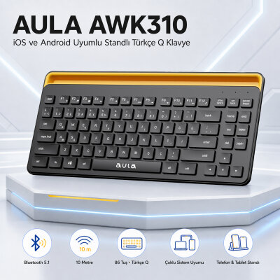 Aula AWK310 Bluetooth 5.1 Kablosuz Tablet Klavyesi iOS ve Android Uyumlu Standlı Türkçe Q Klavye - 5