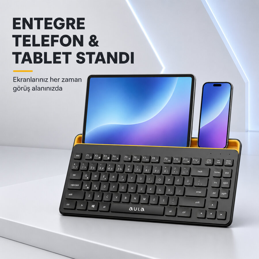 Aula AWK310 Bluetooth 5.1 Kablosuz Tablet Klavyesi iOS ve Android Uyumlu Standlı Türkçe Q Klavye - 6