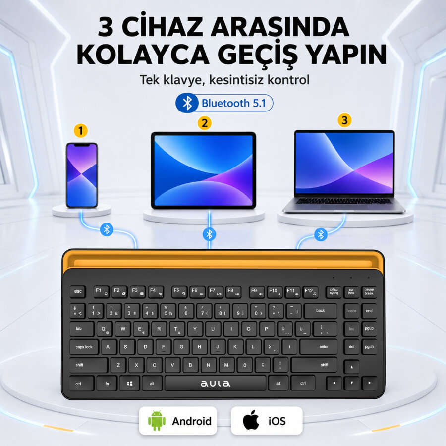 Aula AWK310 Bluetooth 5.1 Kablosuz Tablet Klavyesi iOS ve Android Uyumlu Standlı Türkçe Q Klavye - 7