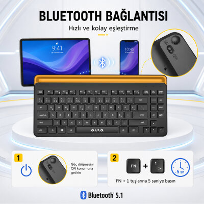 Aula AWK310 Bluetooth 5.1 Kablosuz Tablet Klavyesi iOS ve Android Uyumlu Standlı Türkçe Q Klavye - 9