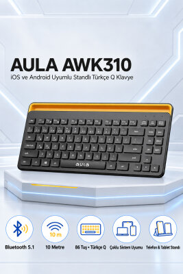 Aula AWK310 Bluetooth 5.1 Kablosuz Tablet Klavyesi iOS ve Android Uyumlu Standlı Türkçe Q Klavye - 10