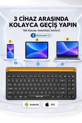 Aula AWK310 Bluetooth 5.1 Kablosuz Tablet Klavyesi iOS ve Android Uyumlu Standlı Türkçe Q Klavye - 12