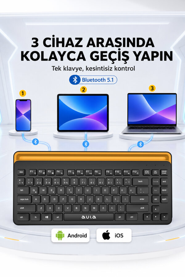 Aula AWK310 Bluetooth 5.1 Kablosuz Tablet Klavyesi iOS ve Android Uyumlu Standlı Türkçe Q Klavye - 12