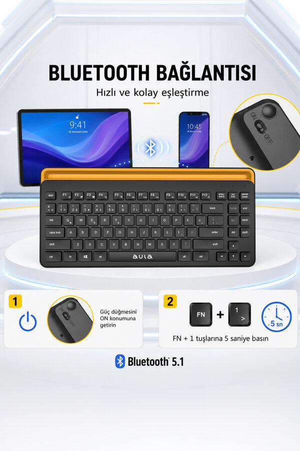 Aula AWK310 Bluetooth 5.1 Kablosuz Tablet Klavyesi iOS ve Android Uyumlu Standlı Türkçe Q Klavye - 14