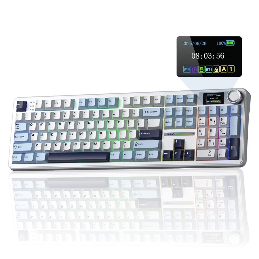 Aula F108 Pro Ekranlı Mekanik Klavye Reaper Switch RGB Hot Swap 8000mAh Makrolu Oyuncu Klavyesi Mavi - 1