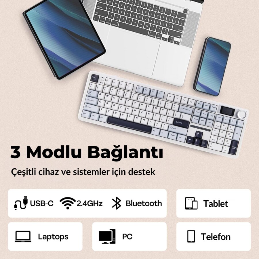 Aula F108 Pro Ekranlı Mekanik Klavye Reaper Switch RGB Hot Swap 8000mAh Makrolu Oyuncu Klavyesi Mavi - 4