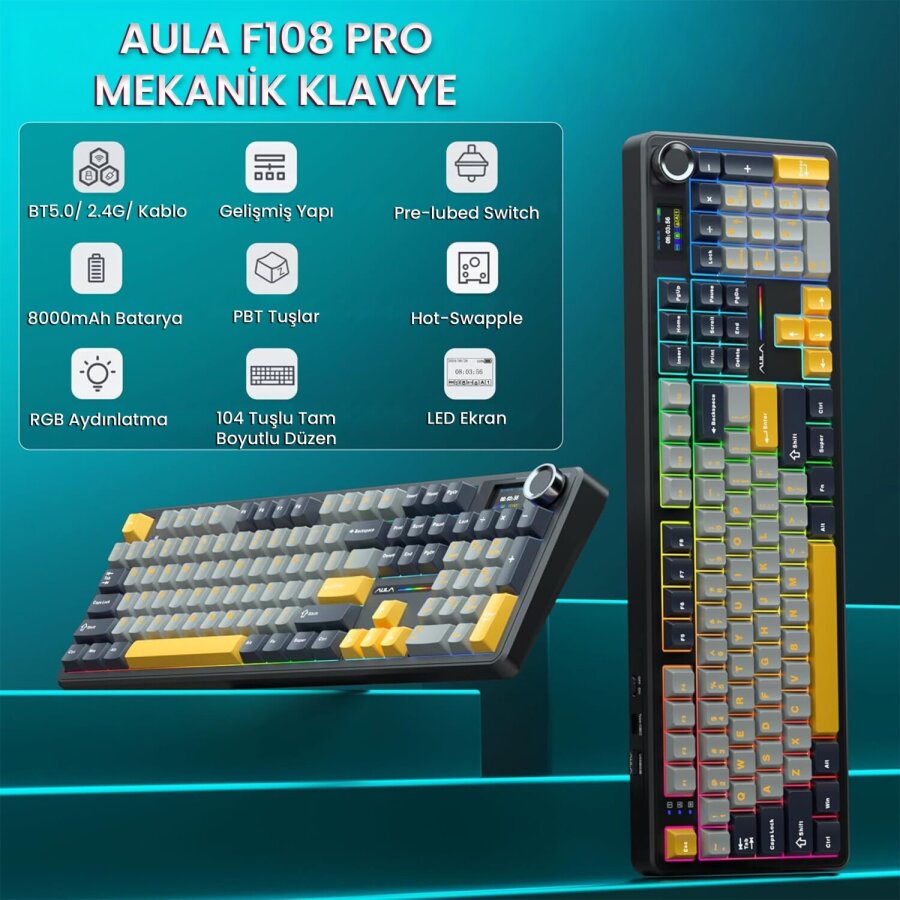 Aula F108 Pro Ekranlı Mekanik Klavye Reaper Switch RGB Hot Swap 8000mAh Makrolu Oyuncu Klavyesi Siyah - 2
