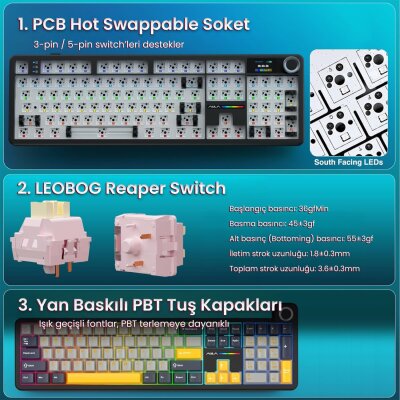 Aula F108 Pro Ekranlı Mekanik Klavye Reaper Switch RGB Hot Swap 8000mAh Makrolu Oyuncu Klavyesi Siyah - 5