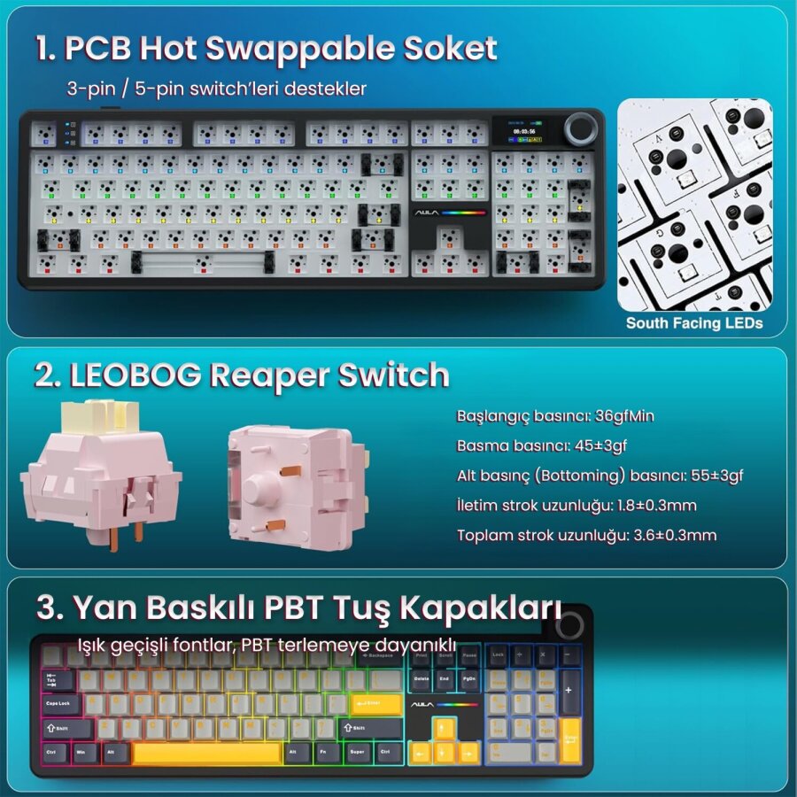 Aula F108 Pro Ekranlı Mekanik Klavye Reaper Switch RGB Hot Swap 8000mAh Makrolu Oyuncu Klavyesi Siyah - 5