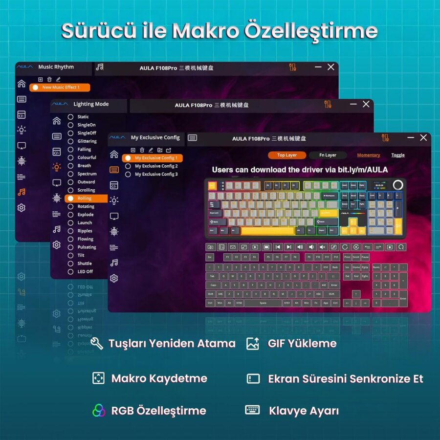 Aula F108 Pro Ekranlı Mekanik Klavye Reaper Switch RGB Hot Swap 8000mAh Makrolu Oyuncu Klavyesi Siyah - 7