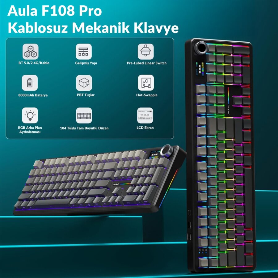 Aula F108 Pro Ekranlı Mekanik Klavye Zephyr Switch RGB Hot Swap 8000mAh Makrolu Oyuncu Klavyesi Gri - 2