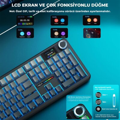 Aula F108 Pro Ekranlı Mekanik Klavye Zephyr Switch RGB Hot Swap 8000mAh Makrolu Oyuncu Klavyesi Gri - 3