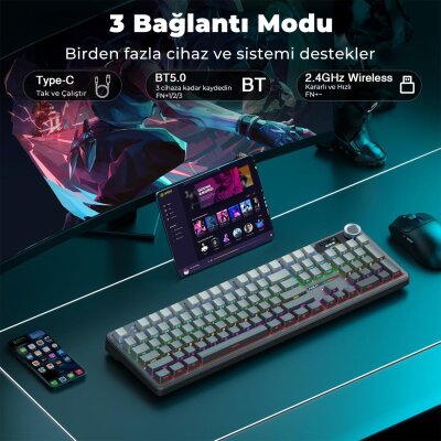 Aula F108 Pro Ekranlı Mekanik Klavye Zephyr Switch RGB Hot Swap 8000mAh Makrolu Oyuncu Klavyesi Gri - 4