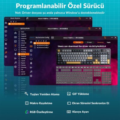 Aula F108 Pro Ekranlı Mekanik Klavye Zephyr Switch RGB Hot Swap 8000mAh Makrolu Oyuncu Klavyesi Gri - 7