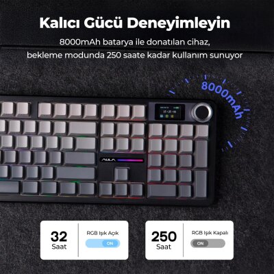 Aula F108 Pro Ekranlı Mekanik Klavye Zephyr Switch RGB Hot Swap 8000mAh Makrolu Oyuncu Klavyesi Gri - 9