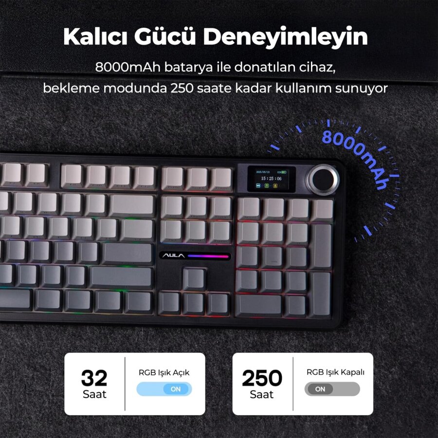 Aula F108 Pro Ekranlı Mekanik Klavye Zephyr Switch RGB Hot Swap 8000mAh Makrolu Oyuncu Klavyesi Gri - 9