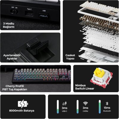 Aula F108 Pro Ekranlı Mekanik Klavye Zephyr Switch RGB Hot Swap 8000mAh Makrolu Oyuncu Klavyesi Gri - 10
