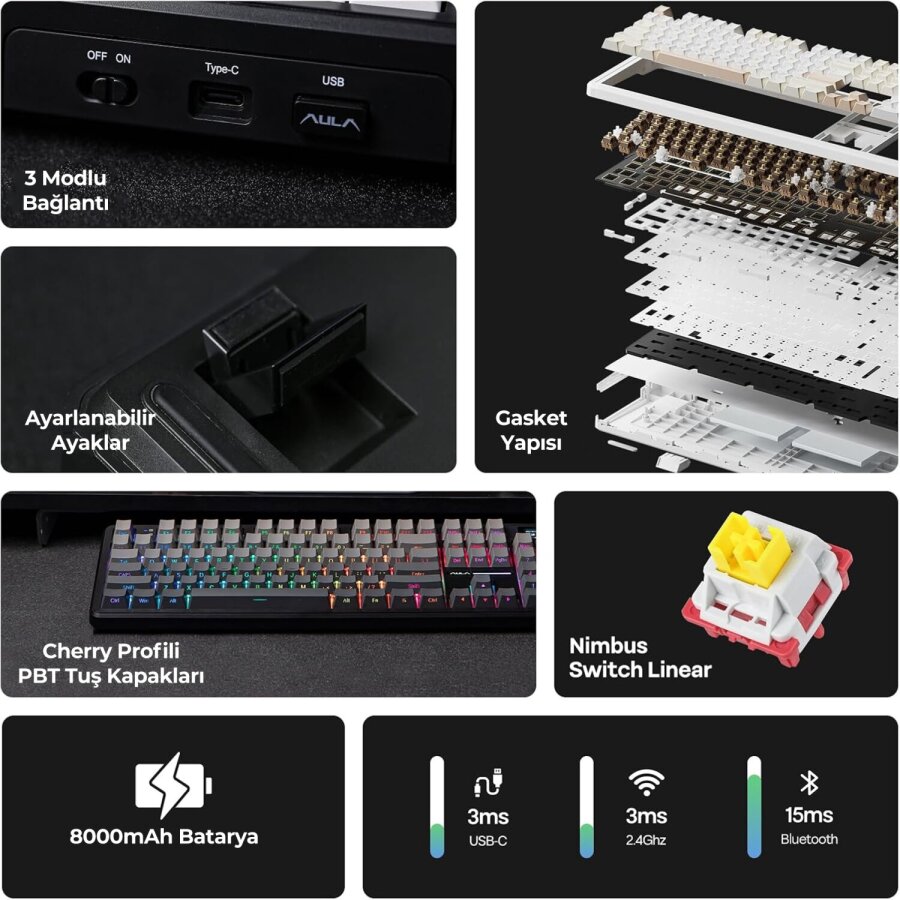 Aula F108 Pro Ekranlı Mekanik Klavye Zephyr Switch RGB Hot Swap 8000mAh Makrolu Oyuncu Klavyesi Gri - 10